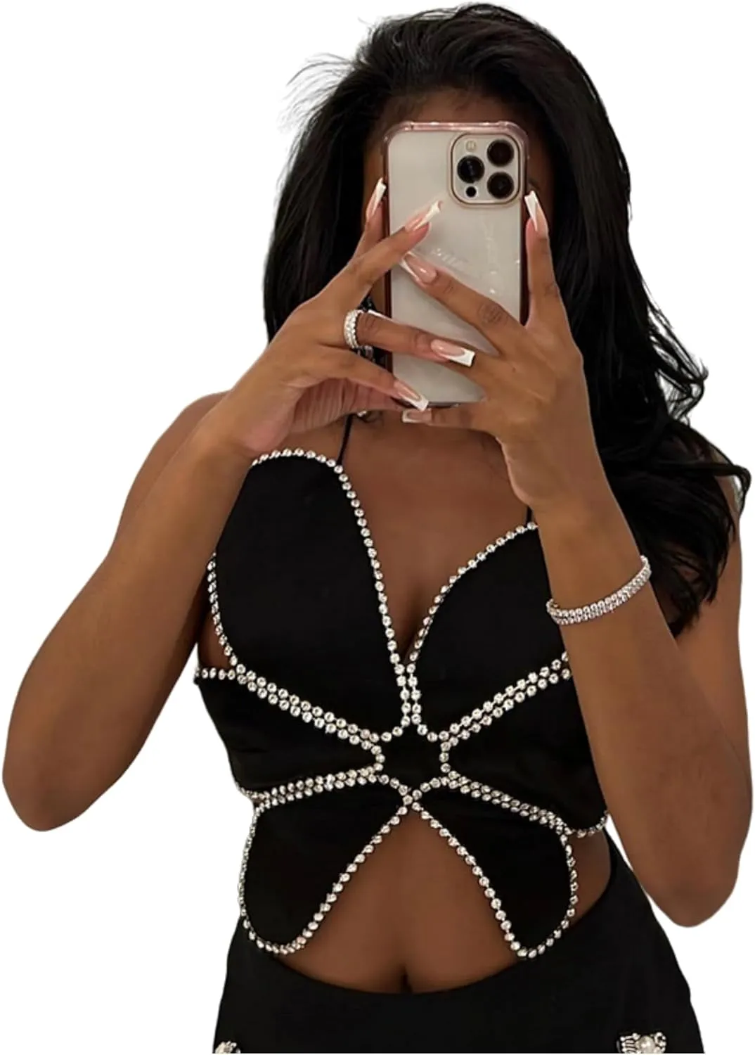 JUMISEE Women Sparkly Rhinestone Butterfly Crop Top Sexy Satin V Neck Bakless Lace Up Cami Tank Top for Rave Festival