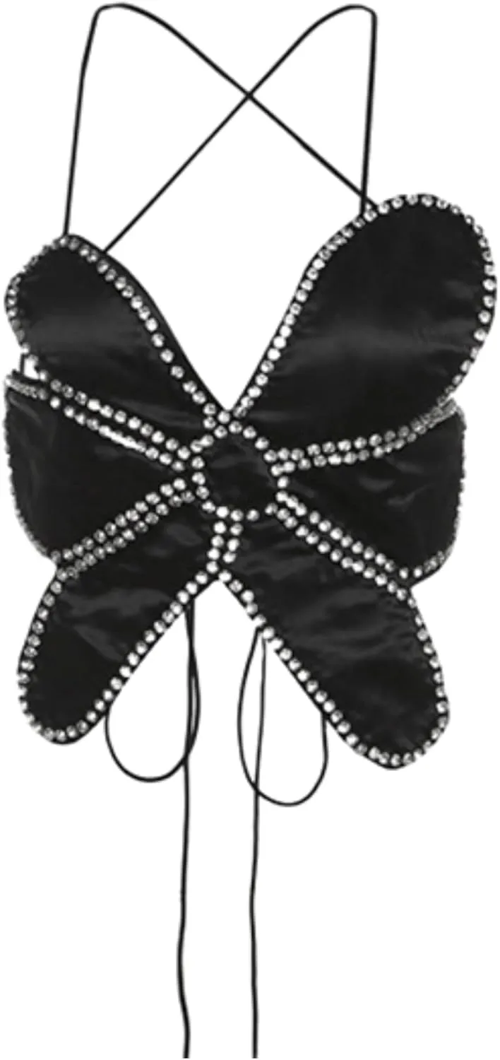JUMISEE Women Sparkly Rhinestone Butterfly Crop Top Sexy Satin V Neck Bakless Lace Up Cami Tank Top for Rave Festival