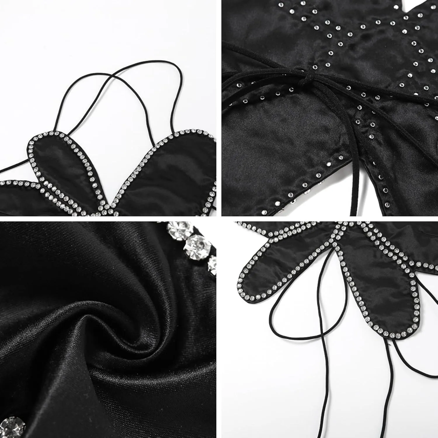 JUMISEE Women Sparkly Rhinestone Butterfly Crop Top Sexy Satin V Neck Bakless Lace Up Cami Tank Top for Rave Festival