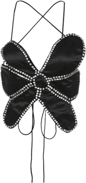 JUMISEE Women Sparkly Rhinestone Butterfly Crop Top Sexy Satin V Neck Bakless Lace Up Cami Tank Top for Rave Festival
