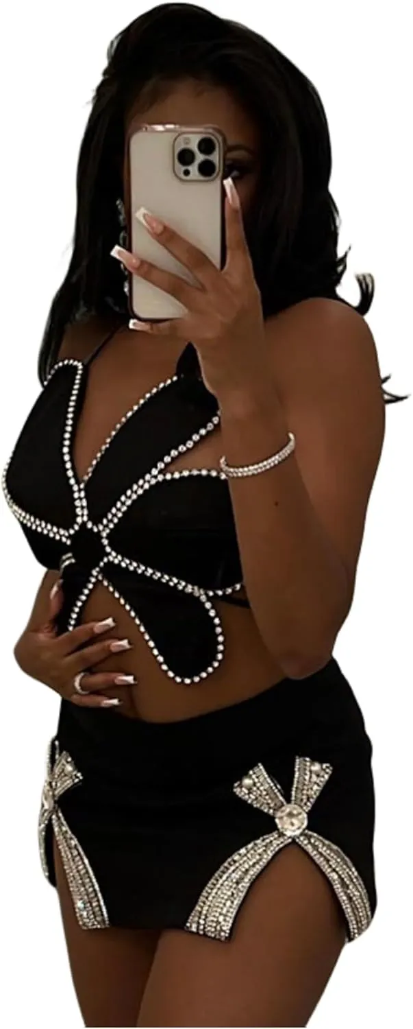 JUMISEE Women Sparkly Rhinestone Butterfly Crop Top Sexy Satin V Neck Bakless Lace Up Cami Tank Top for Rave Festival