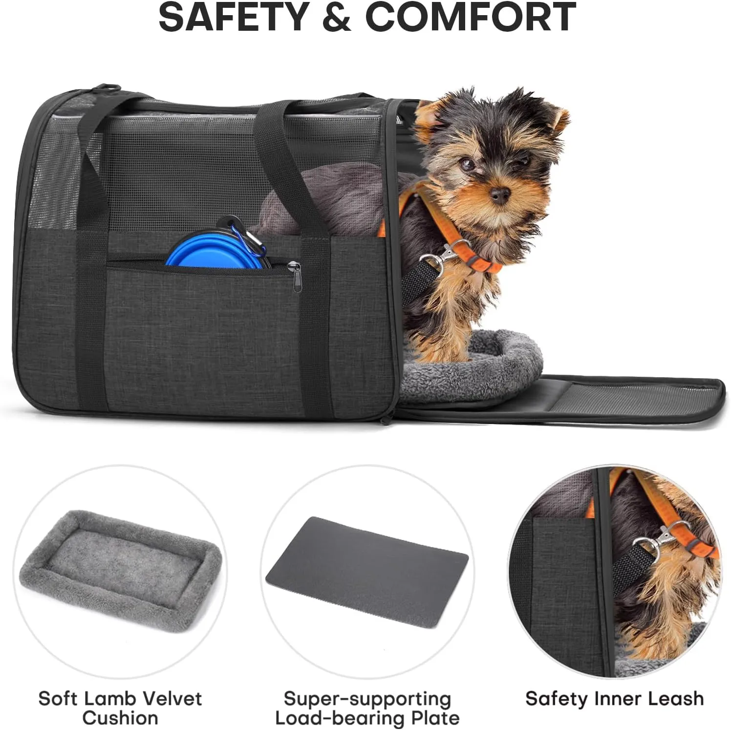 JUNGYOUN Premium ​Cat Carrier - ​Pet Carrier for Cat & Small Dogs up to 15lbs - ​Airline Approved Travel Dog Carrier with Anti-Escape Zippers, Collapsible Travel Bowl & Padded Strap,Dark Grey
