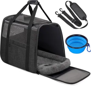 JUNGYOUN Premium ​Cat Carrier - ​Pet Carrier for Cat & Small Dogs up to 15lbs - ​Airline Approved Travel Dog Carrier with Anti-Escape Zippers, Collapsible Travel Bowl & Padded Strap,Dark Grey