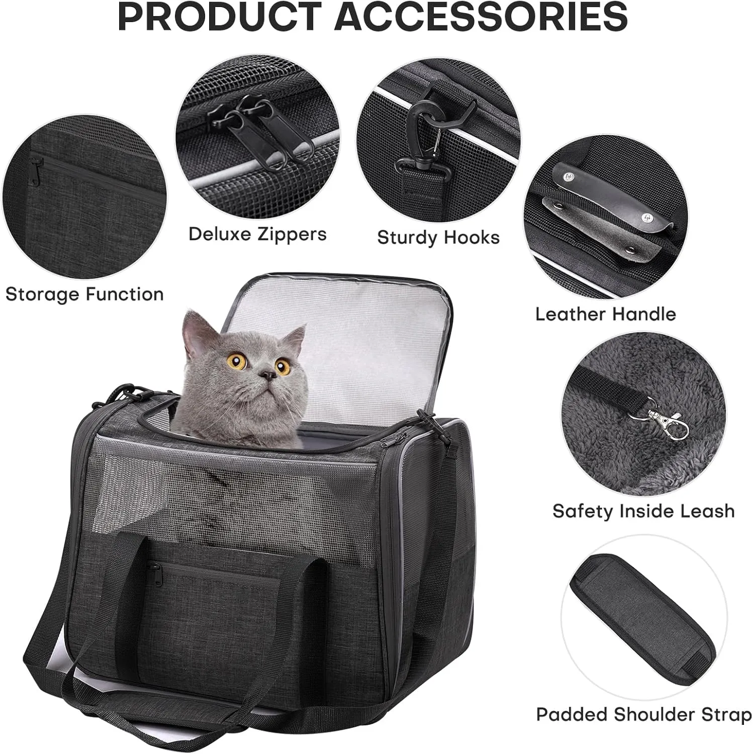 JUNGYOUN Premium ​Cat Carrier - ​Pet Carrier for Cat & Small Dogs up to 15lbs - ​Airline Approved Travel Dog Carrier with Anti-Escape Zippers, Collapsible Travel Bowl & Padded Strap,Dark Grey