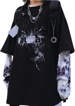 jupkem Men's Goth Baggy Shirt Y2k Graphic Long Sleeve Tees Women Punk Fake Two-Piece Pullover Tops Oversized Fall Clothes