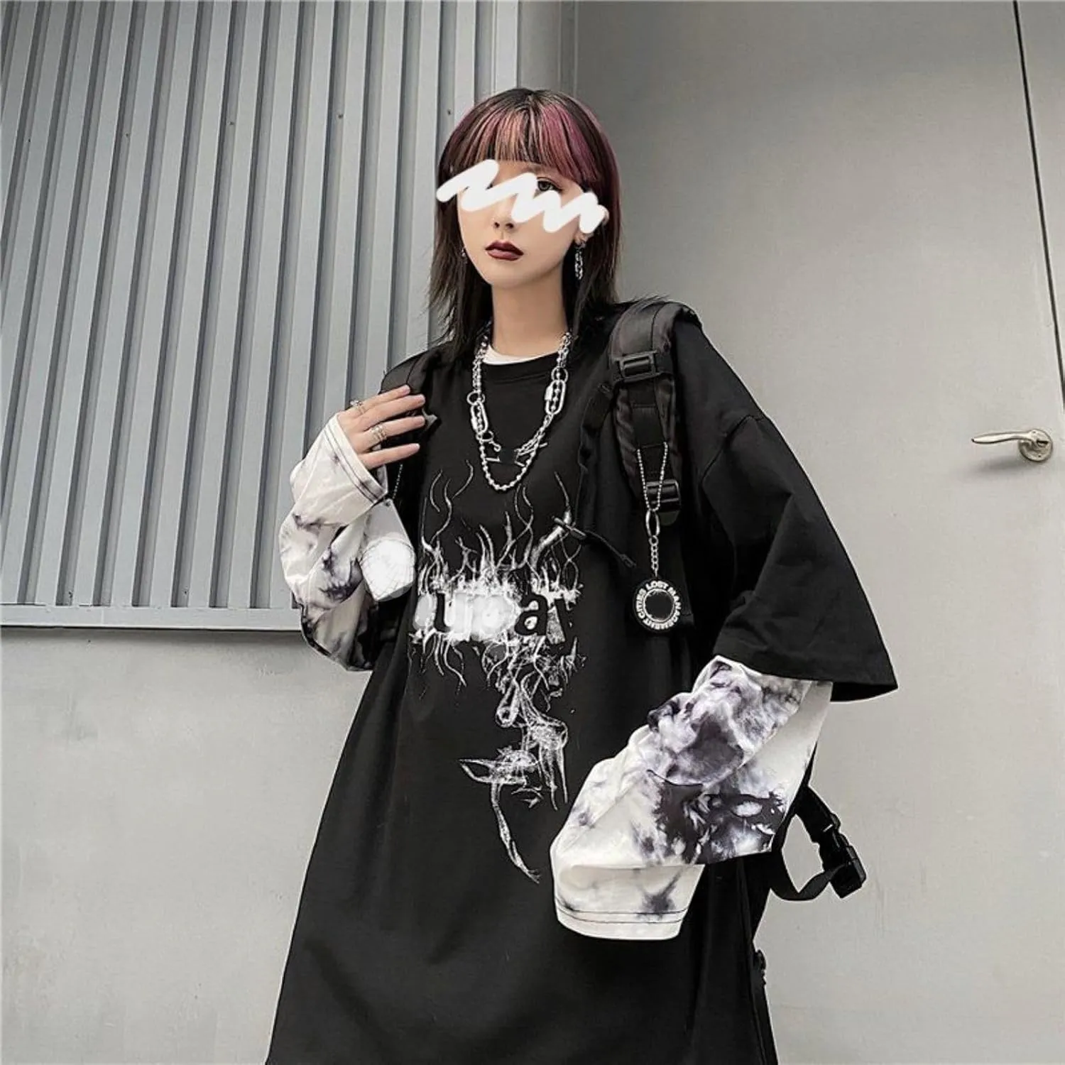 jupkem Men's Goth Baggy Shirt Y2k Graphic Long Sleeve Tees Women Punk Fake Two-Piece Pullover Tops Oversized Fall Clothes