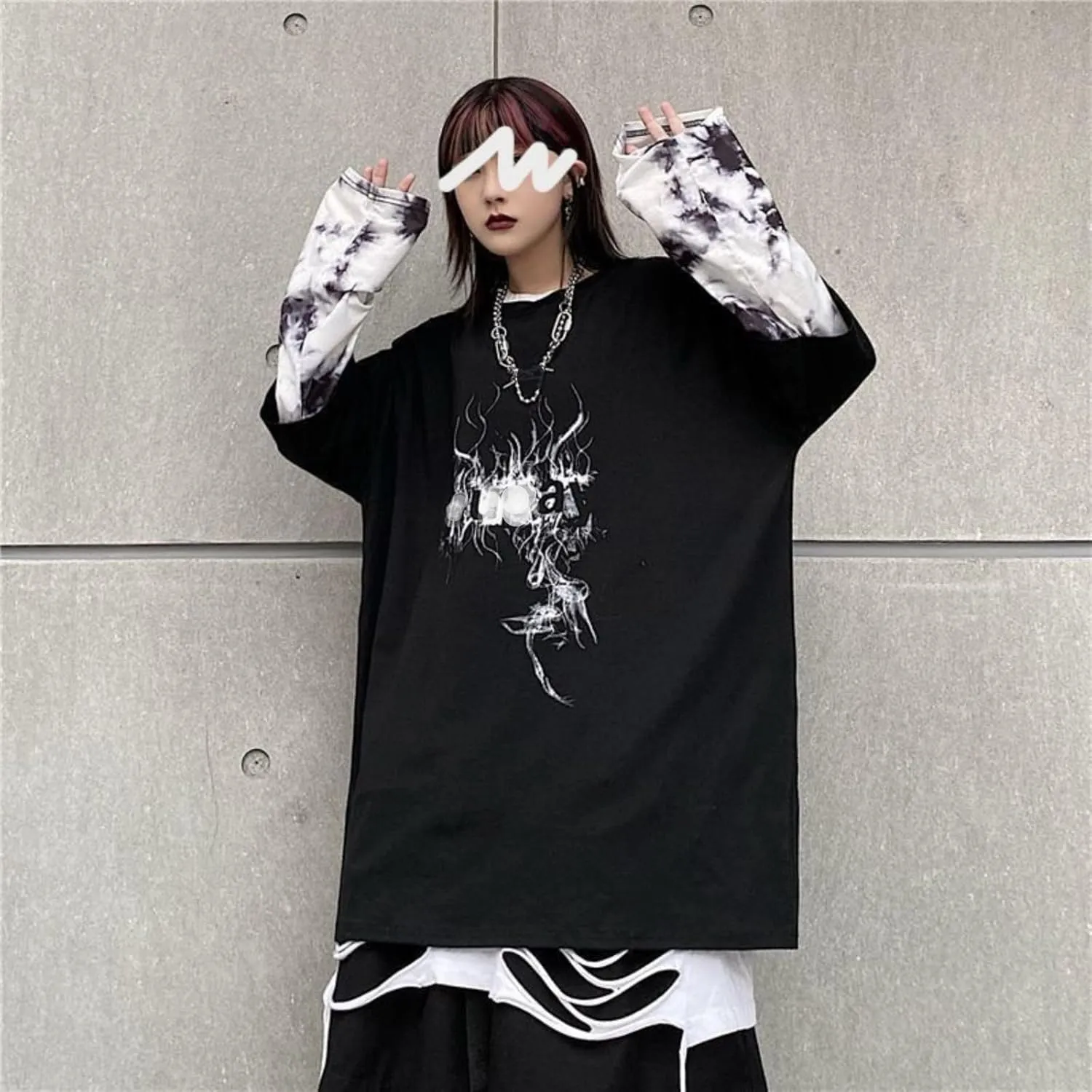 jupkem Men's Goth Baggy Shirt Y2k Graphic Long Sleeve Tees Women Punk Fake Two-Piece Pullover Tops Oversized Fall Clothes