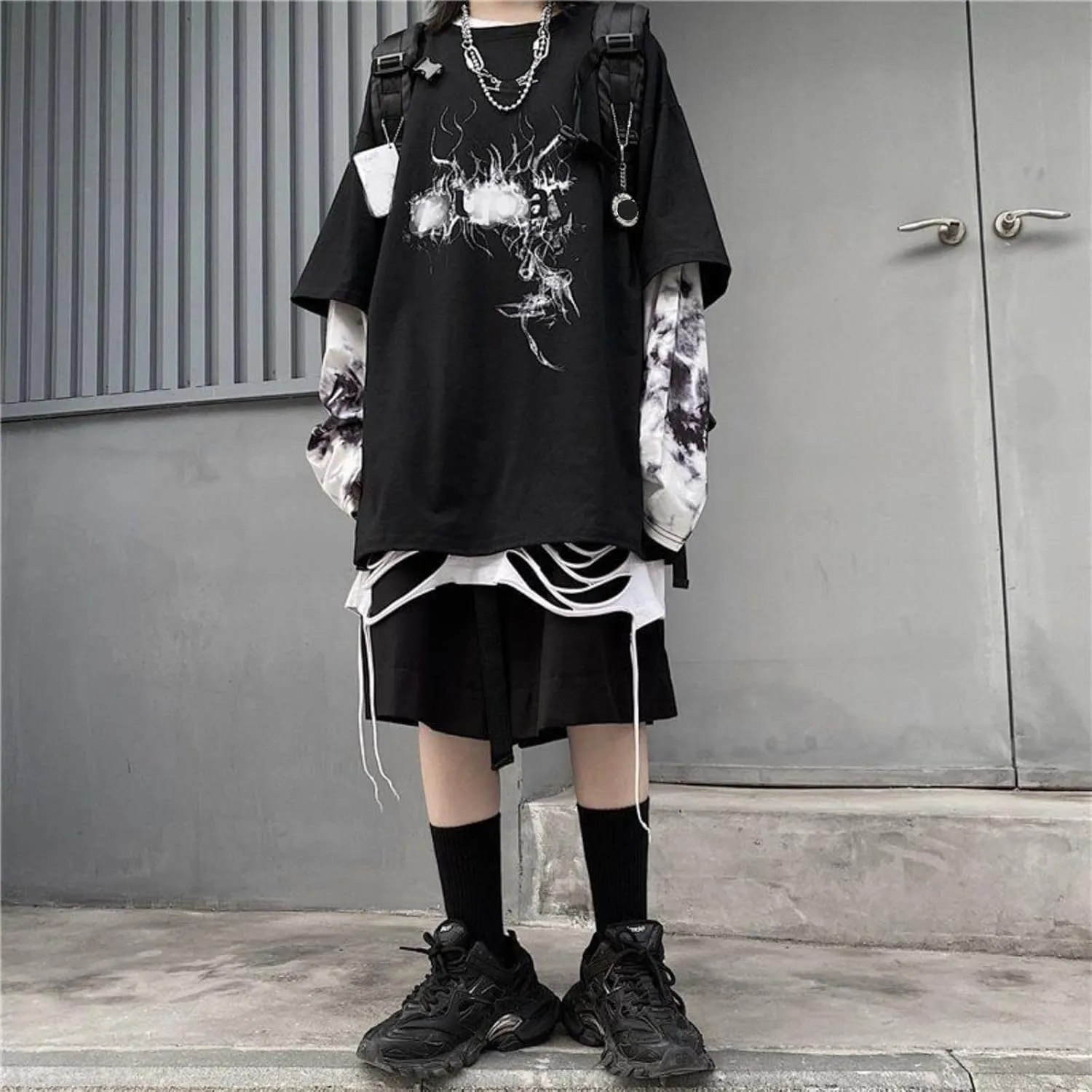 jupkem Men's Goth Baggy Shirt Y2k Graphic Long Sleeve Tees Women Punk Fake Two-Piece Pullover Tops Oversized Fall Clothes