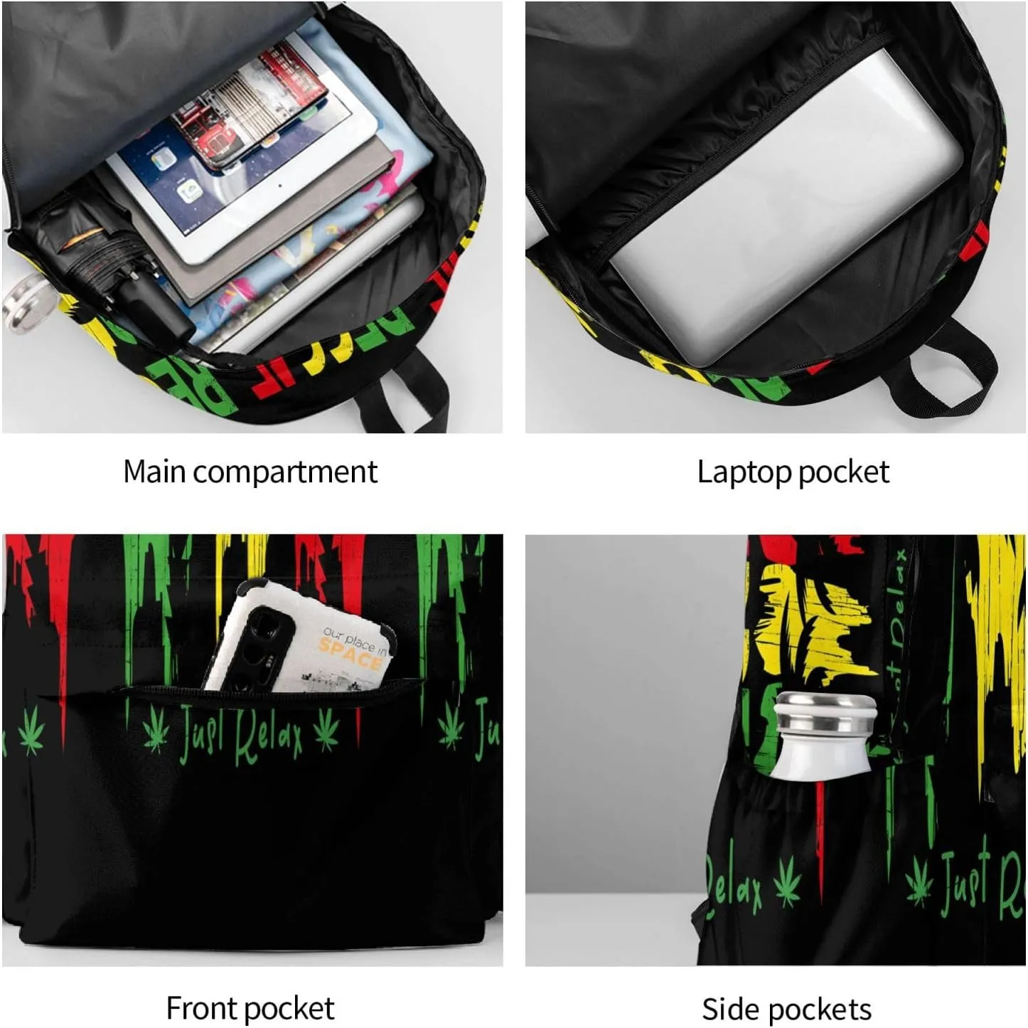 Just Relax Reggae Music Casual Backpacks Large Travel Backpack Laptop Rucksack Sports Daypack Adjustable Strap Bag for Camping Hiking