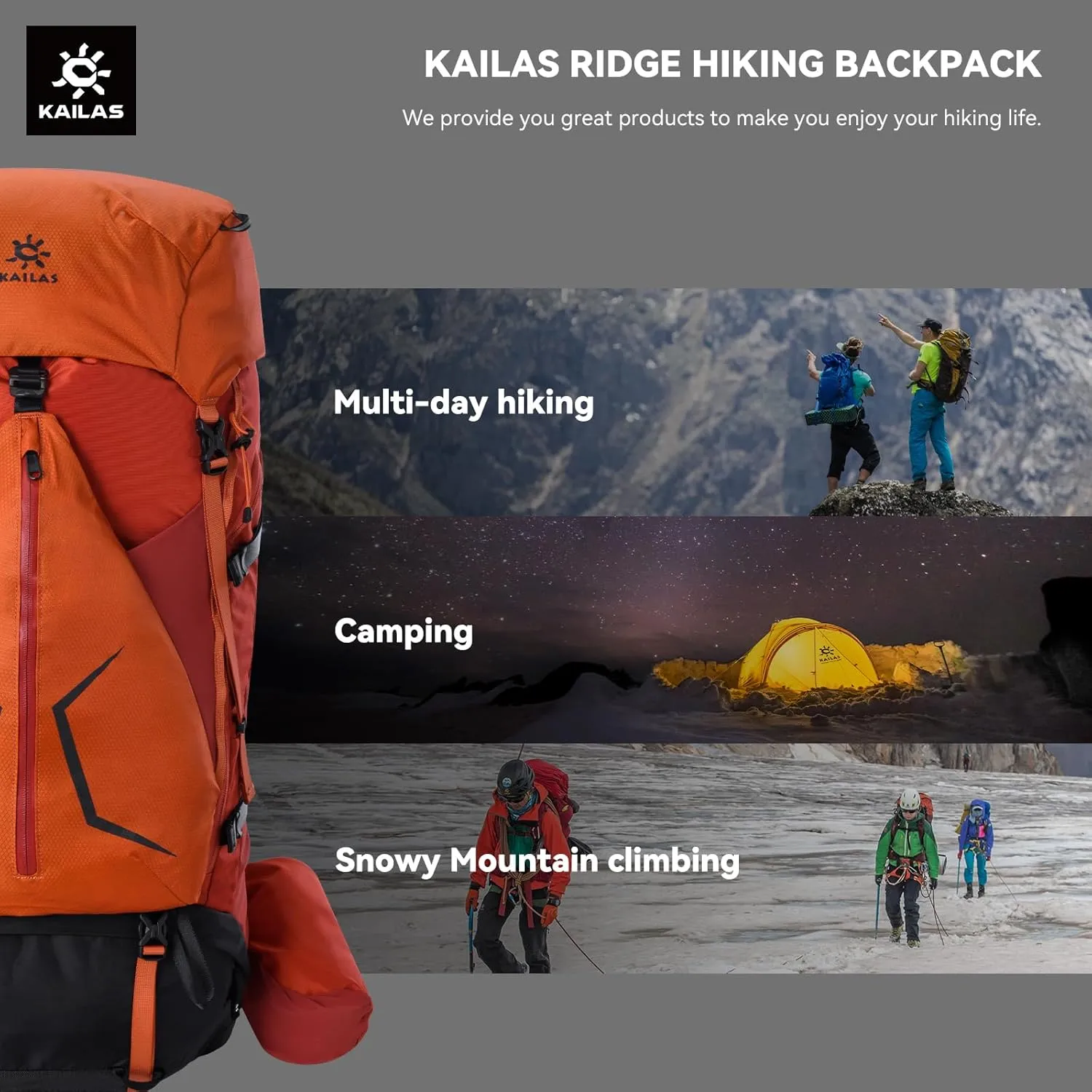 KAILAS RIDGE III 65 5L Hiking Backpack Trekking Daypack Outdoor Backpacking Waterproof Lightweight Internal Frame Backpack for Traveling Camping with Rain Cover Oxidized Orange S