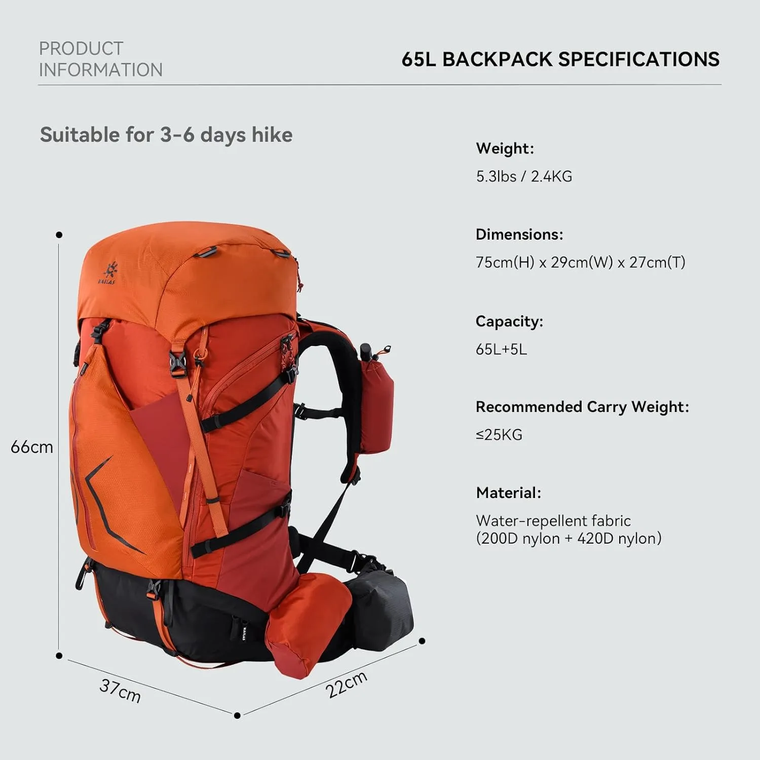 KAILAS RIDGE III 65 5L Hiking Backpack Trekking Daypack Outdoor Backpacking Waterproof Lightweight Internal Frame Backpack for Traveling Camping with Rain Cover Oxidized Orange S