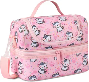 Kasqo Lunch Box Bag for Girls, Insulated Mini Cooler Bag Kids Lunch Tote with Dual Compartments, Pink Cat