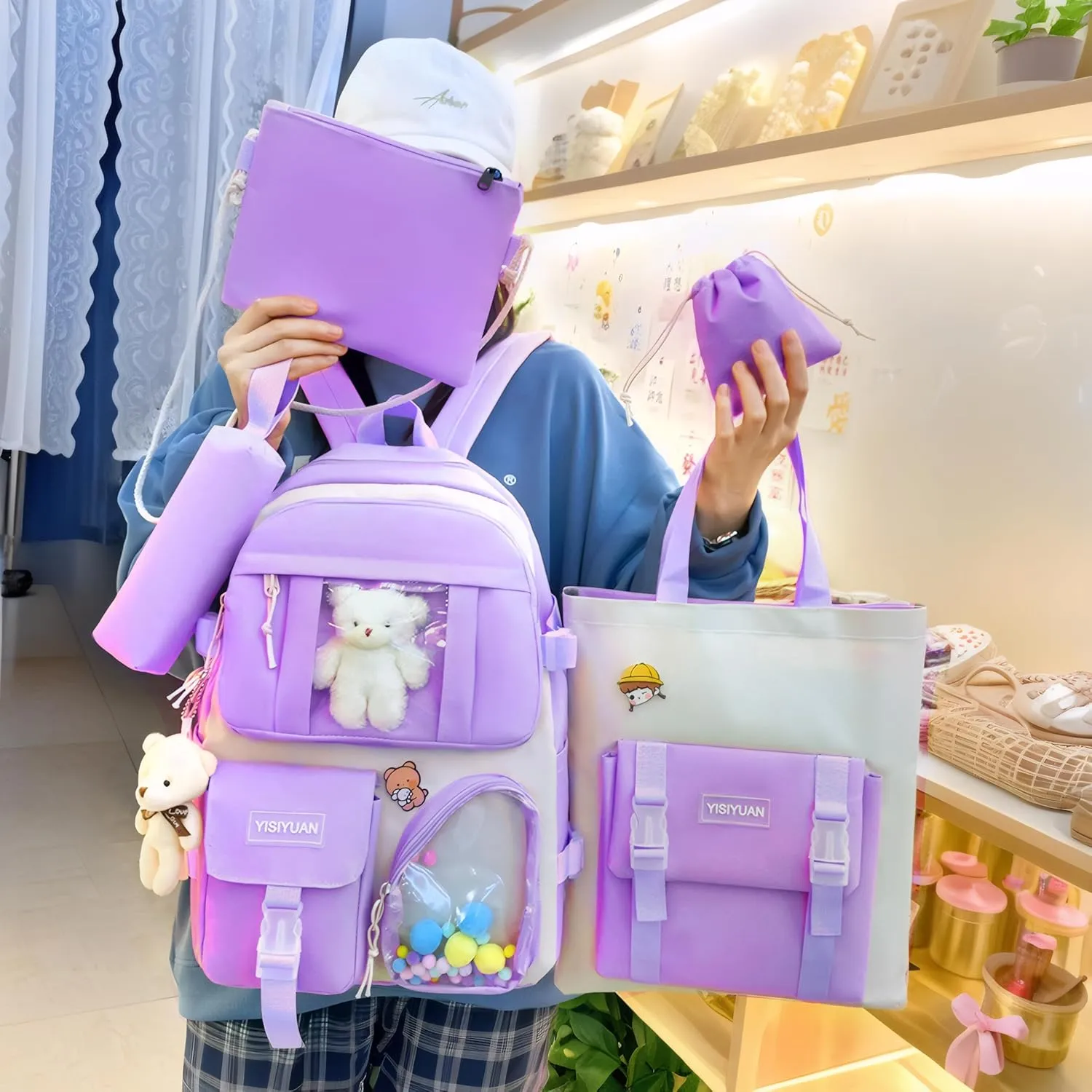 Kawaii Backpack for Girls 5 Pcs School Bookbag Cuet Kids Schoolbag with Accessories Crossbody Bags Pencil Case Handbag Coin Purse (Purple)