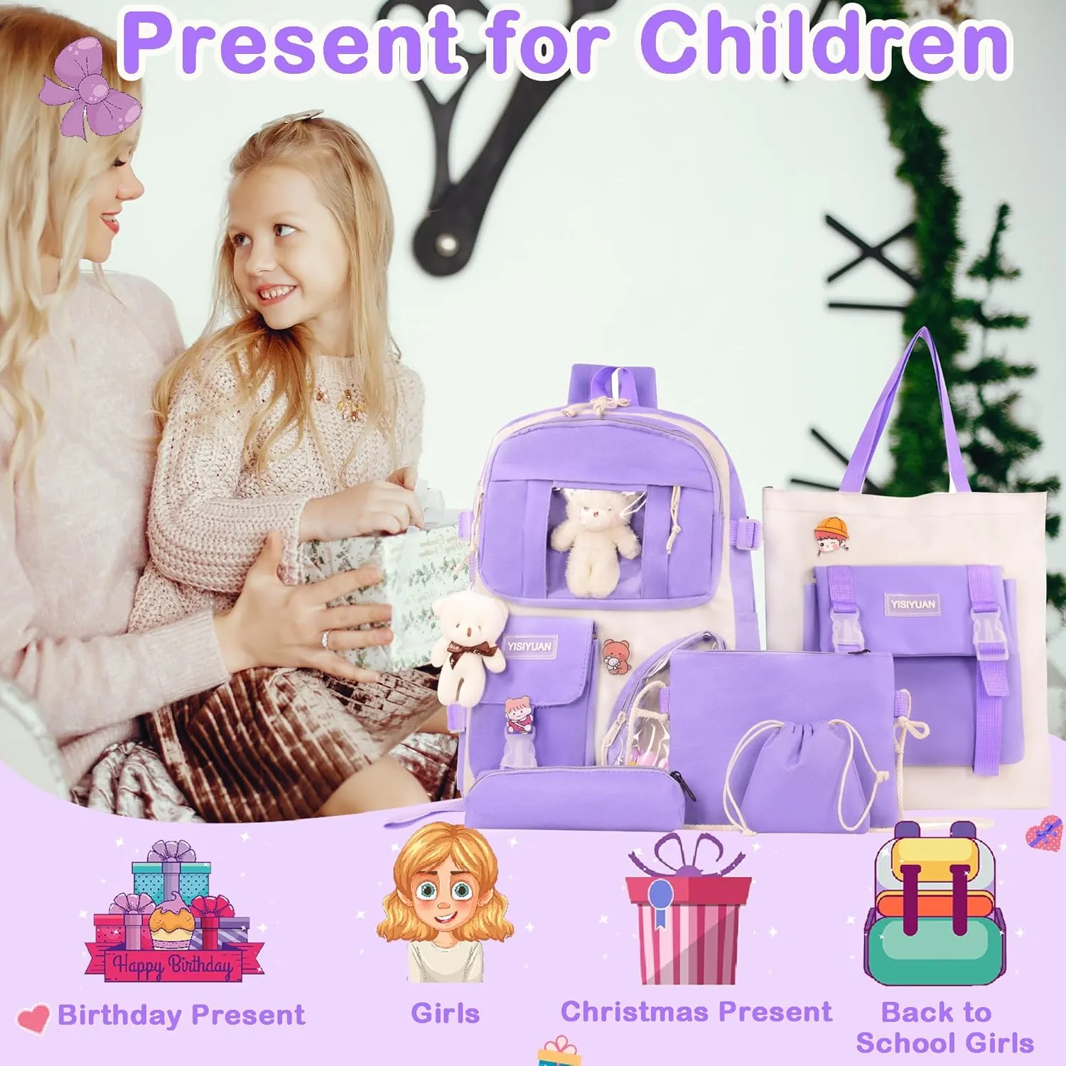 Kawaii Backpack for Girls 5 Pcs School Bookbag Cuet Kids Schoolbag with Accessories Crossbody Bags Pencil Case Handbag Coin Purse (Purple)