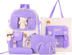 Kawaii Backpack for Girls 5 Pcs School Bookbag Cuet Kids Schoolbag with Accessories Crossbody Bags Pencil Case Handbag Coin Purse (Purple)