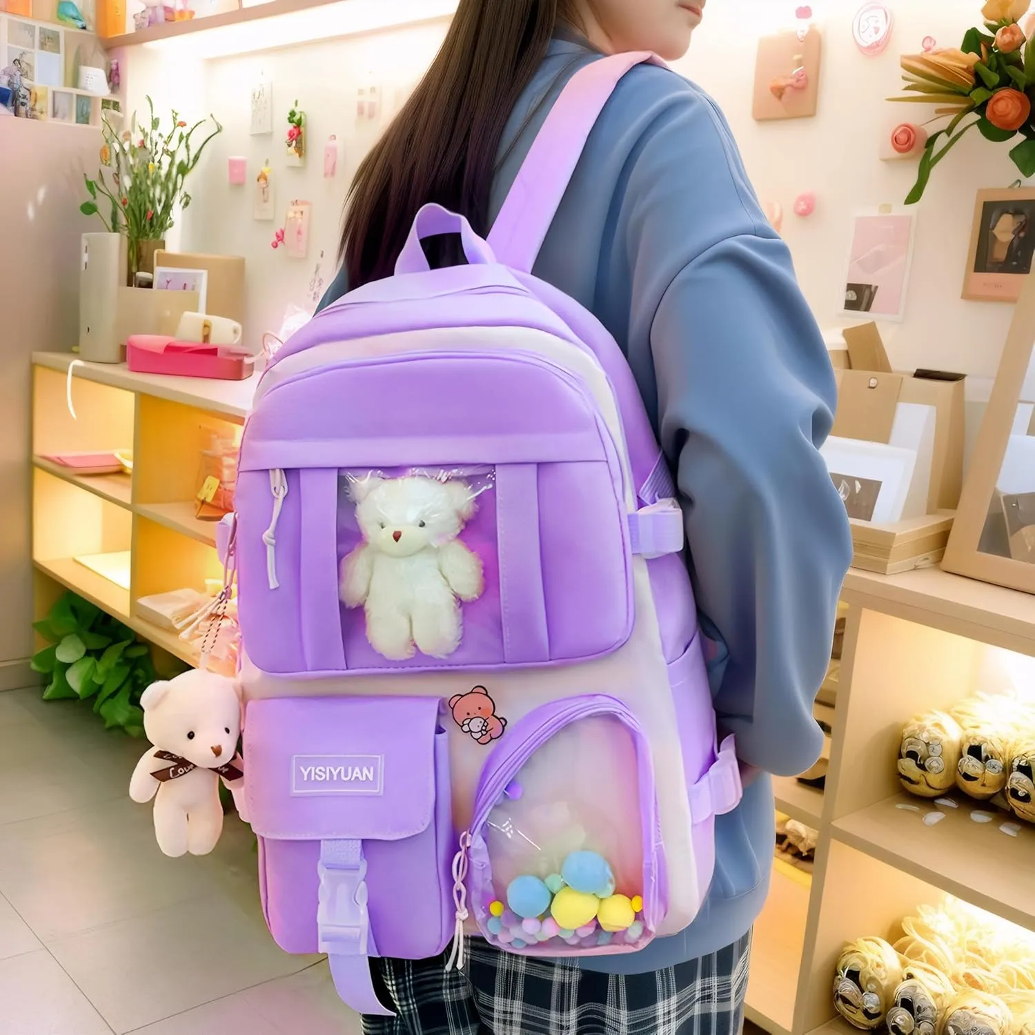 Kawaii Backpack for Girls 5 Pcs School Bookbag Cuet Kids Schoolbag with Accessories Crossbody Bags Pencil Case Handbag Coin Purse (Purple)