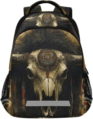 Kids Backpack Bison Skull Indian Print for Travel Daily Use, Lightweight School Bookbag for Boys Girls, Hiking Backpack 11.6x6.9x16.7 IN