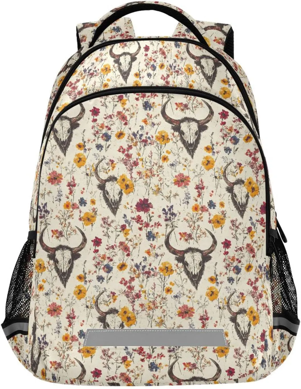 Kids Backpack Floral Bison Skull Print for Travel Daily Use, Lightweight School Bookbag for Boys Girls, Hiking Backpack 11.6x6.9x16.7 IN