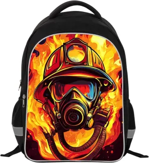 Kids Backpack for Boys Girls, Children Teens Back Pack for Elementary Primary, School Bag with Firefighter Helmet Pattern, Durable and Comfortable Black Bookbag for Students Aged 6 