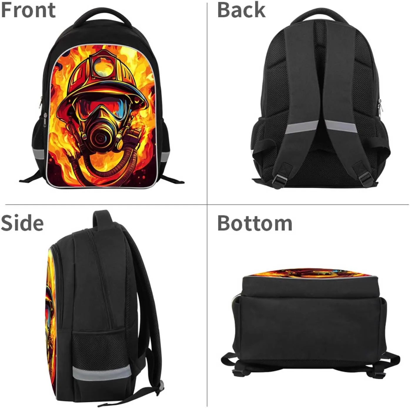 Kids Backpack for Boys Girls, Children Teens Back Pack for Elementary Primary, School Bag with Firefighter Helmet Pattern, Durable and Comfortable Black Bookbag for Students Aged 6 
