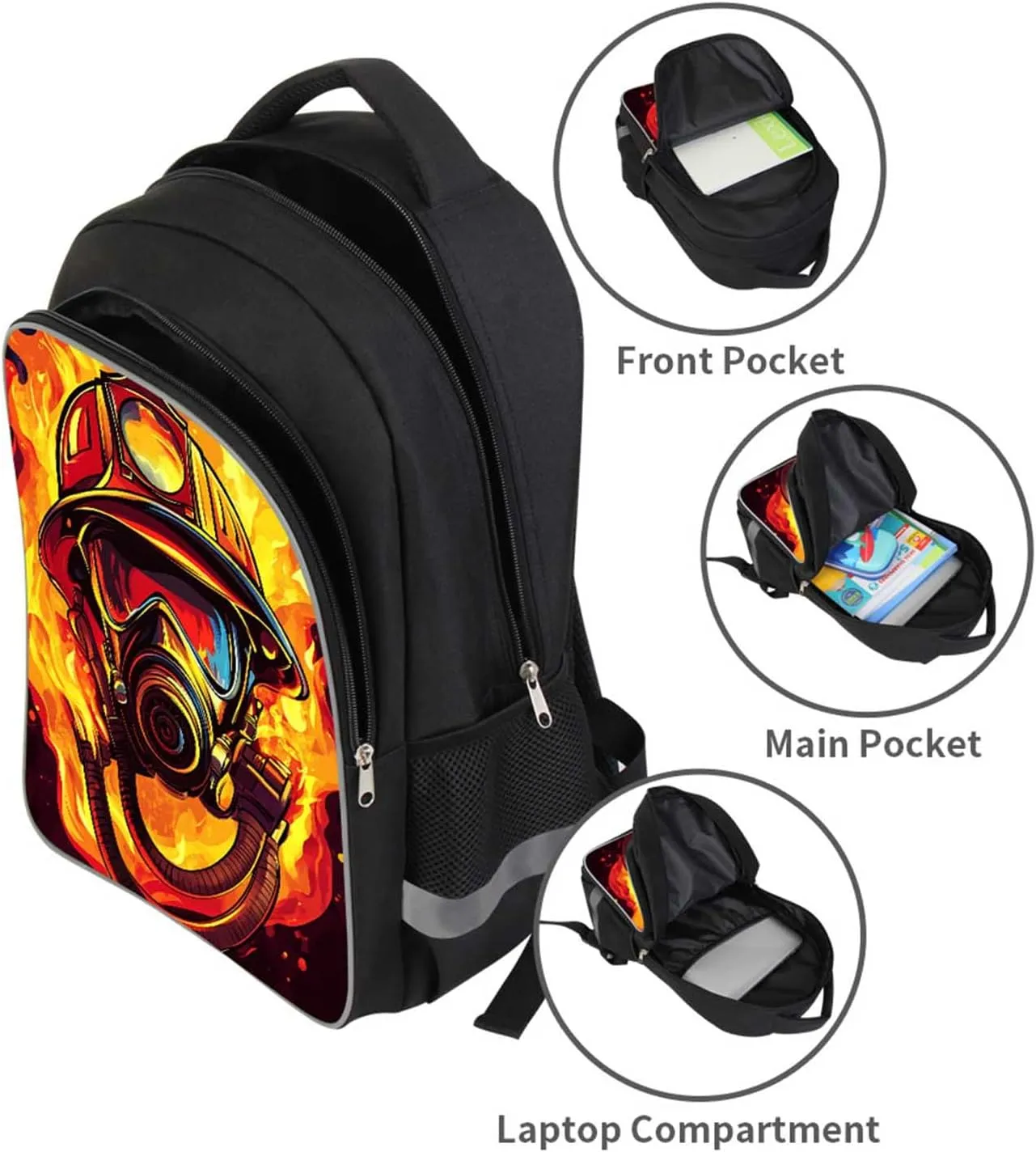 Kids Backpack for Boys Girls, Children Teens Back Pack for Elementary Primary, School Bag with Firefighter Helmet Pattern, Durable and Comfortable Black Bookbag for Students Aged 6 