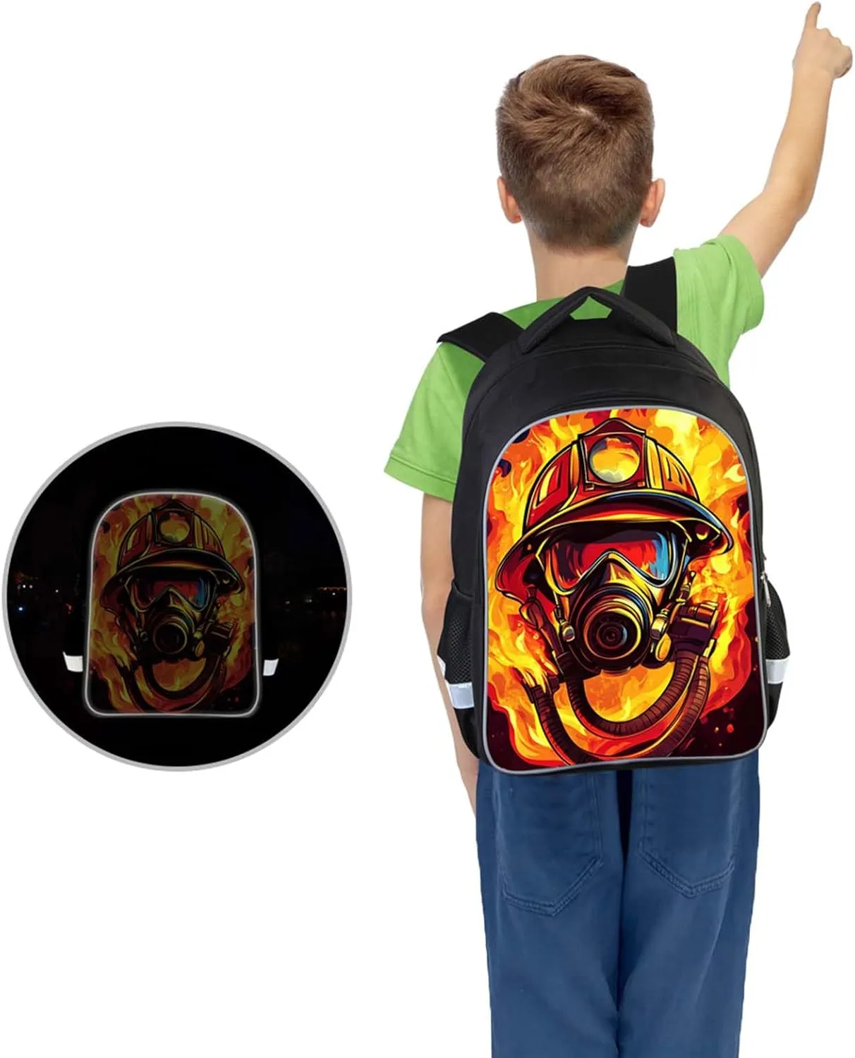Kids Backpack for Boys Girls, Children Teens Back Pack for Elementary Primary, School Bag with Firefighter Helmet Pattern, Durable and Comfortable Black Bookbag for Students Aged 6 