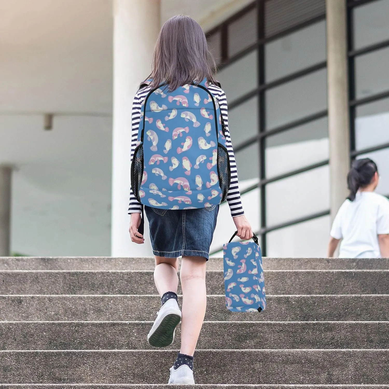 Kids Backpack Set with Lunch Box Cute Manatee Pattern Preschool Backpack Bookbag School Bag Cute Backpack Set for Teen Girls Boys