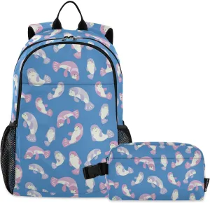 Kids Backpack Set with Lunch Box Cute Manatee Pattern Preschool Backpack Bookbag School Bag Cute Backpack Set for Teen Girls Boys