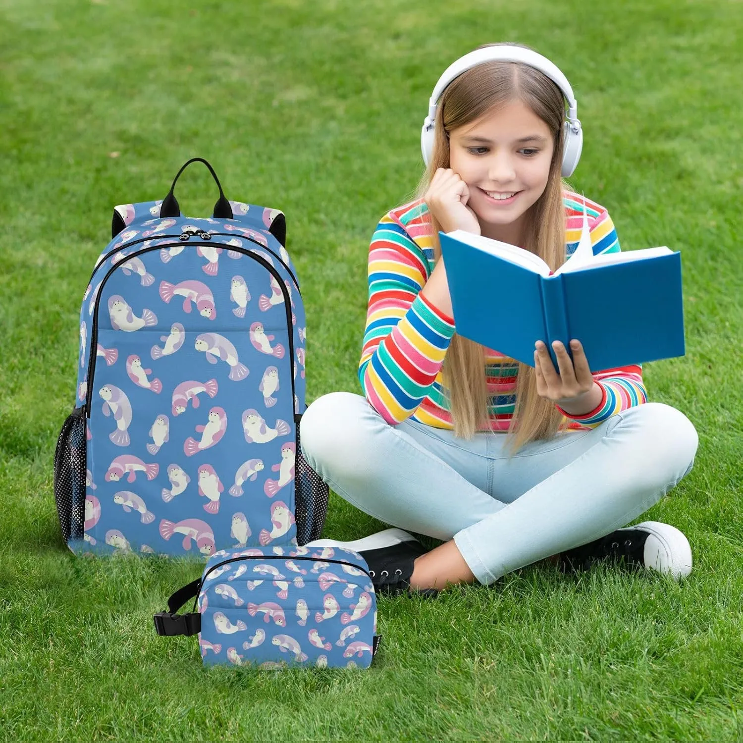 Kids Backpack Set with Lunch Box Cute Manatee Pattern Preschool Backpack Bookbag School Bag Cute Backpack Set for Teen Girls Boys