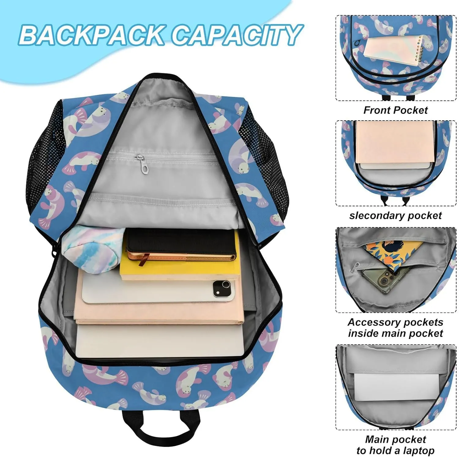 Kids Backpack Set with Lunch Box Cute Manatee Pattern Preschool Backpack Bookbag School Bag Cute Backpack Set for Teen Girls Boys