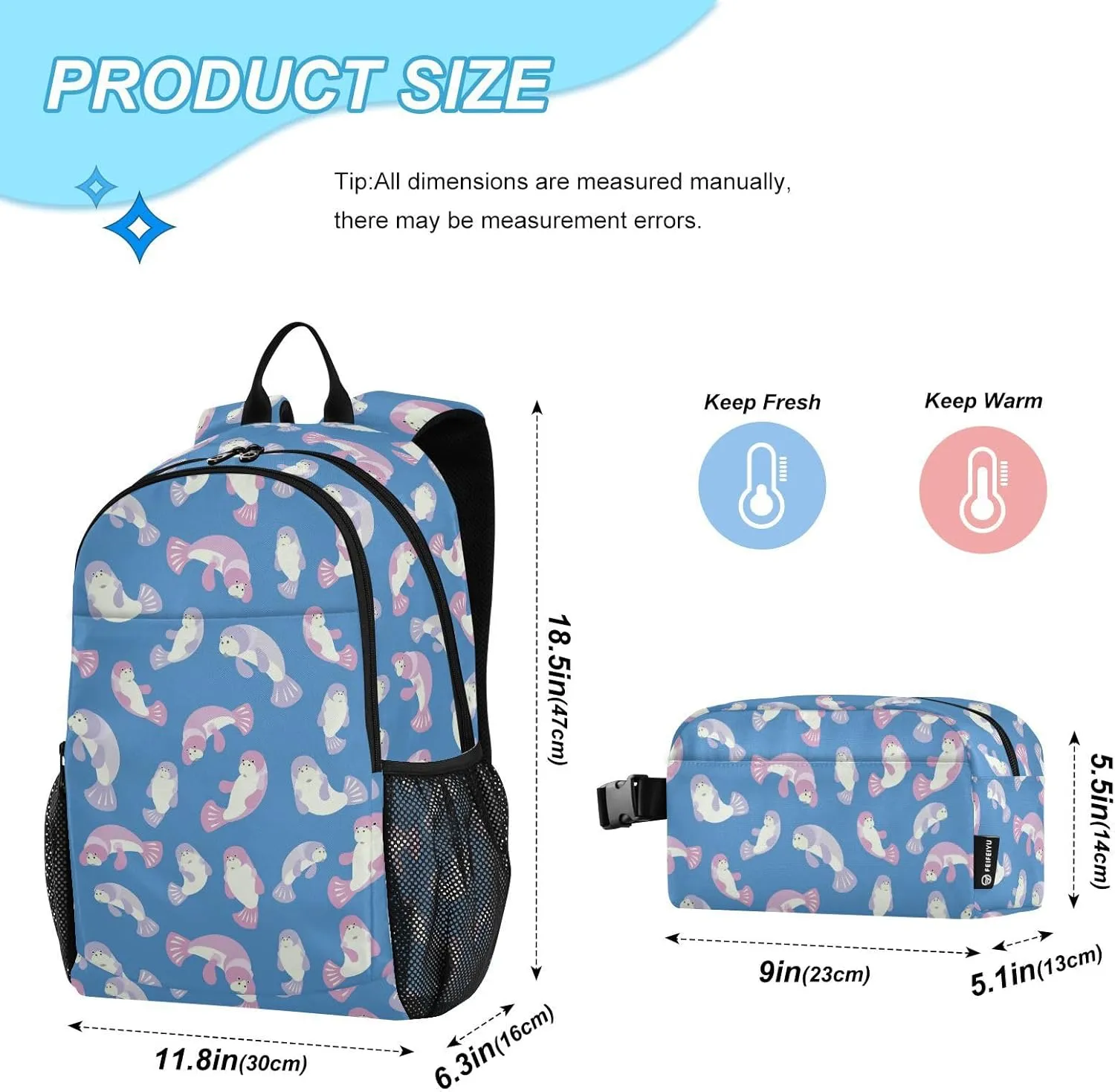 Kids Backpack Set with Lunch Box Cute Manatee Pattern Preschool Backpack Bookbag School Bag Cute Backpack Set for Teen Girls Boys