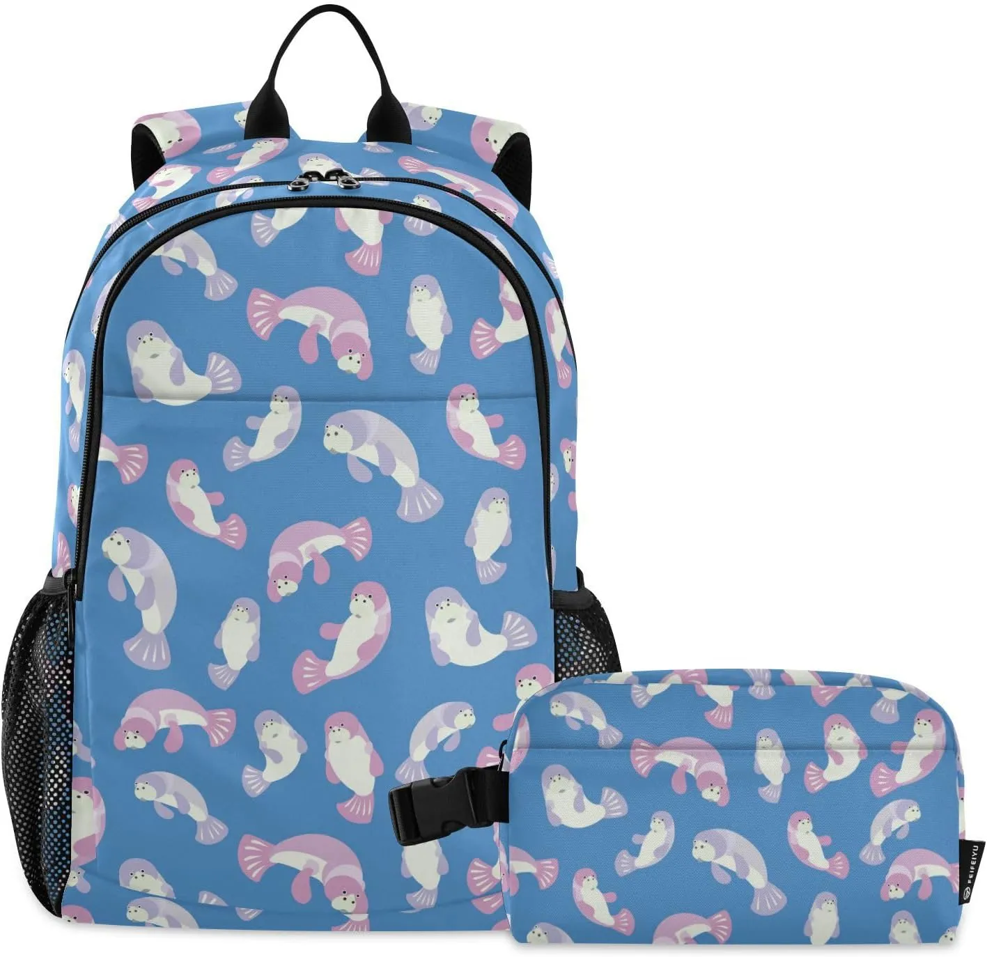 Kids Backpack Set with Lunch Box Cute Manatee Pattern Preschool Backpack Bookbag School Bag Cute Backpack Set for Teen Girls Boys