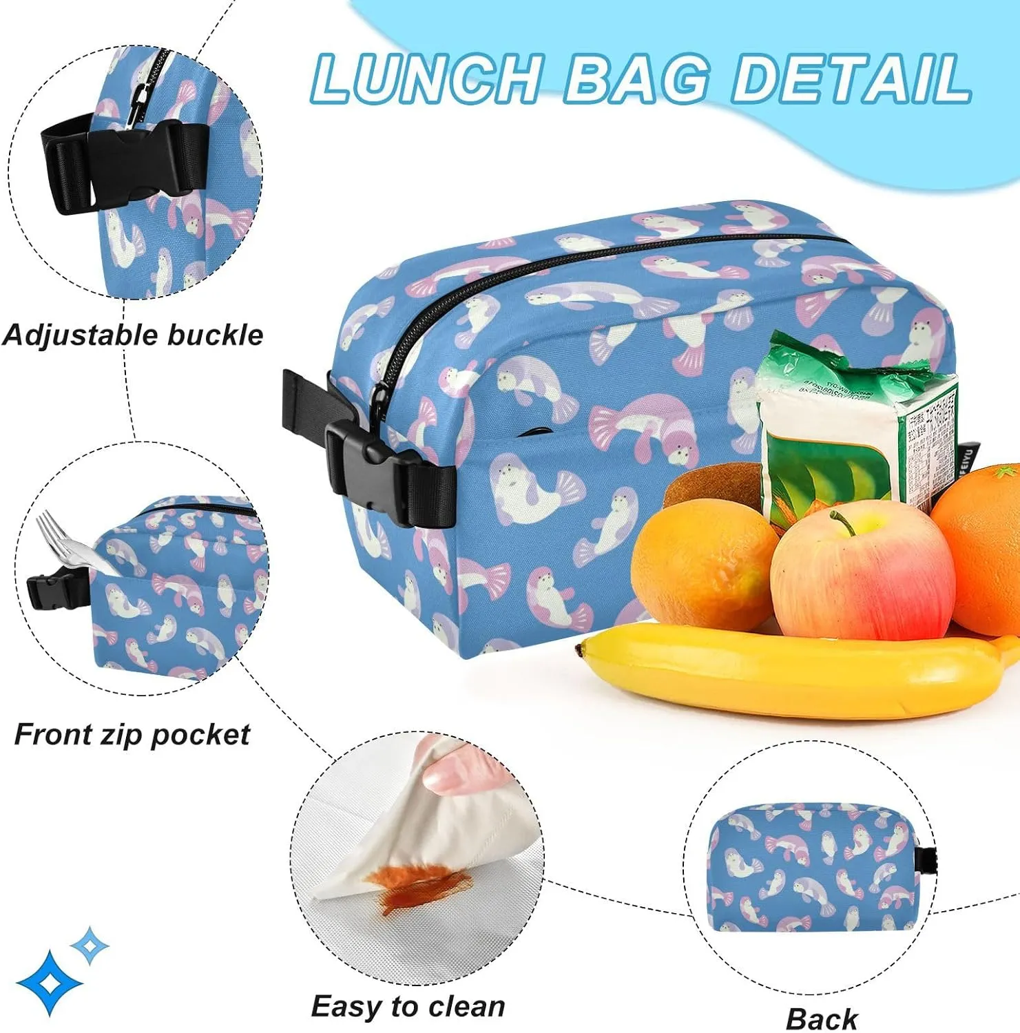 Kids Backpack Set with Lunch Box Cute Manatee Pattern Preschool Backpack Bookbag School Bag Cute Backpack Set for Teen Girls Boys