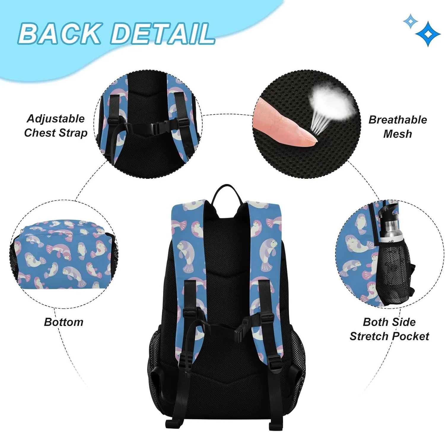 Kids Backpack Set with Lunch Box Cute Manatee Pattern Preschool Backpack Bookbag School Bag Cute Backpack Set for Teen Girls Boys
