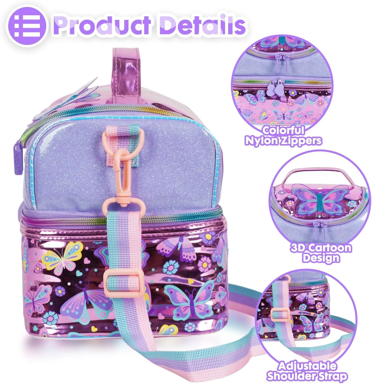 Kids Double Decker Cooler Insulated Lunch Bag, Back to School Large Meal Tote for Boys, Girls, Men, Women, with Adjustable Strap, Butterfly
