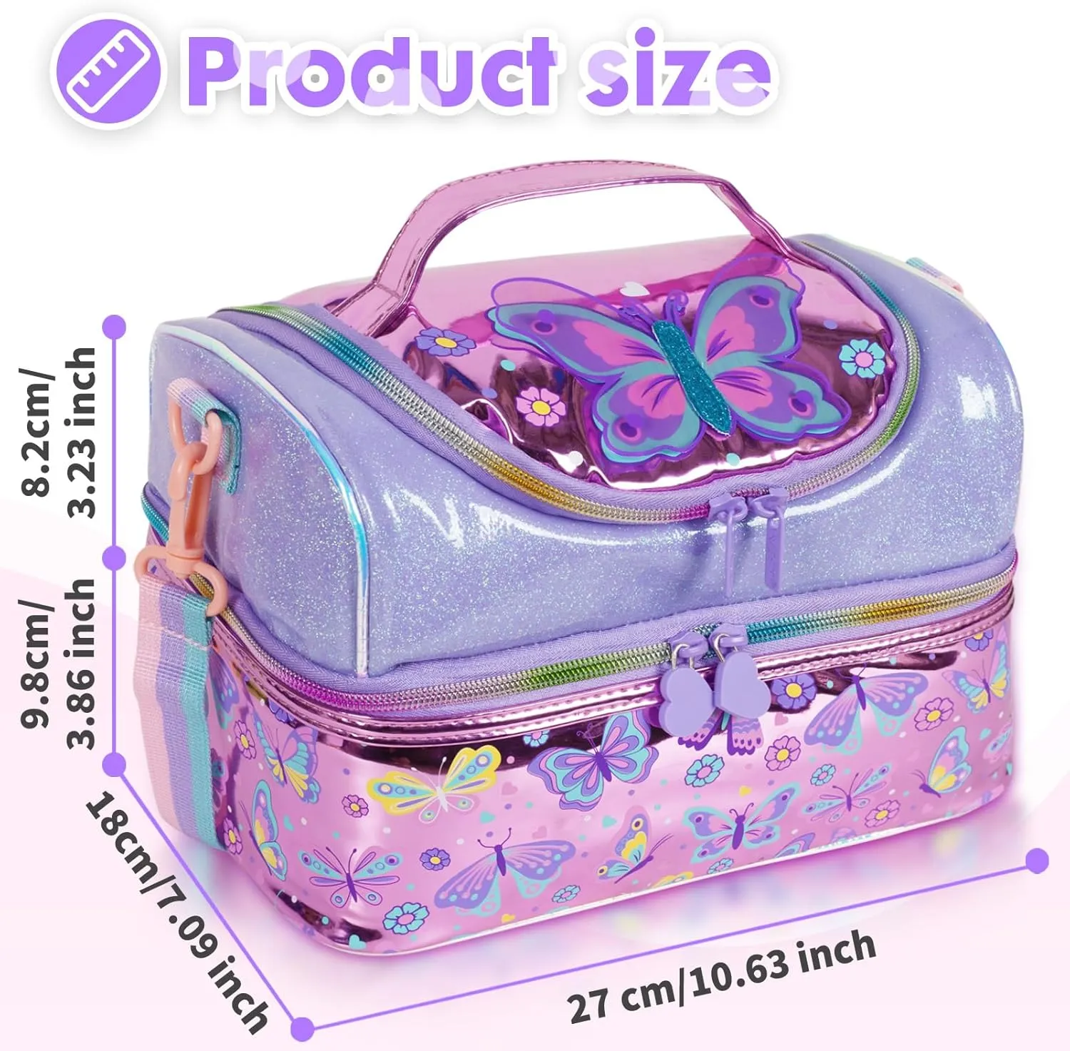 Kids Double Decker Cooler Insulated Lunch Bag, Back to School Large Meal Tote for Boys, Girls, Men, Women, with Adjustable Strap, Butterfly