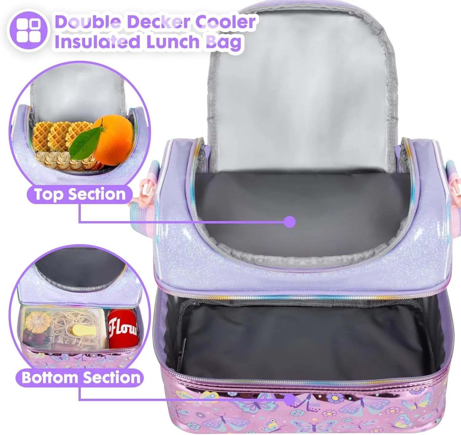 Kids Double Decker Cooler Insulated Lunch Bag, Back to School Large Meal Tote for Boys, Girls, Men, Women, with Adjustable Strap, Butterfly