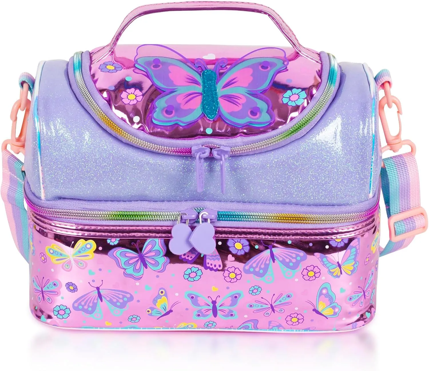 Kids Double Decker Cooler Insulated Lunch Bag, Back to School Large Meal Tote for Boys, Girls, Men, Women, with Adjustable Strap, Butterfly