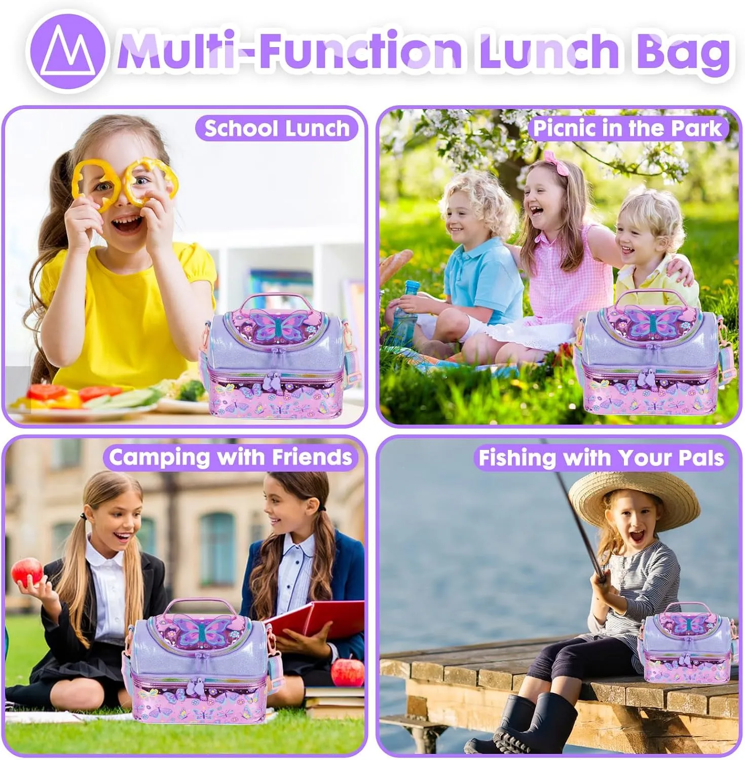 Kids Double Decker Cooler Insulated Lunch Bag, Back to School Large Meal Tote for Boys, Girls, Men, Women, with Adjustable Strap, Butterfly