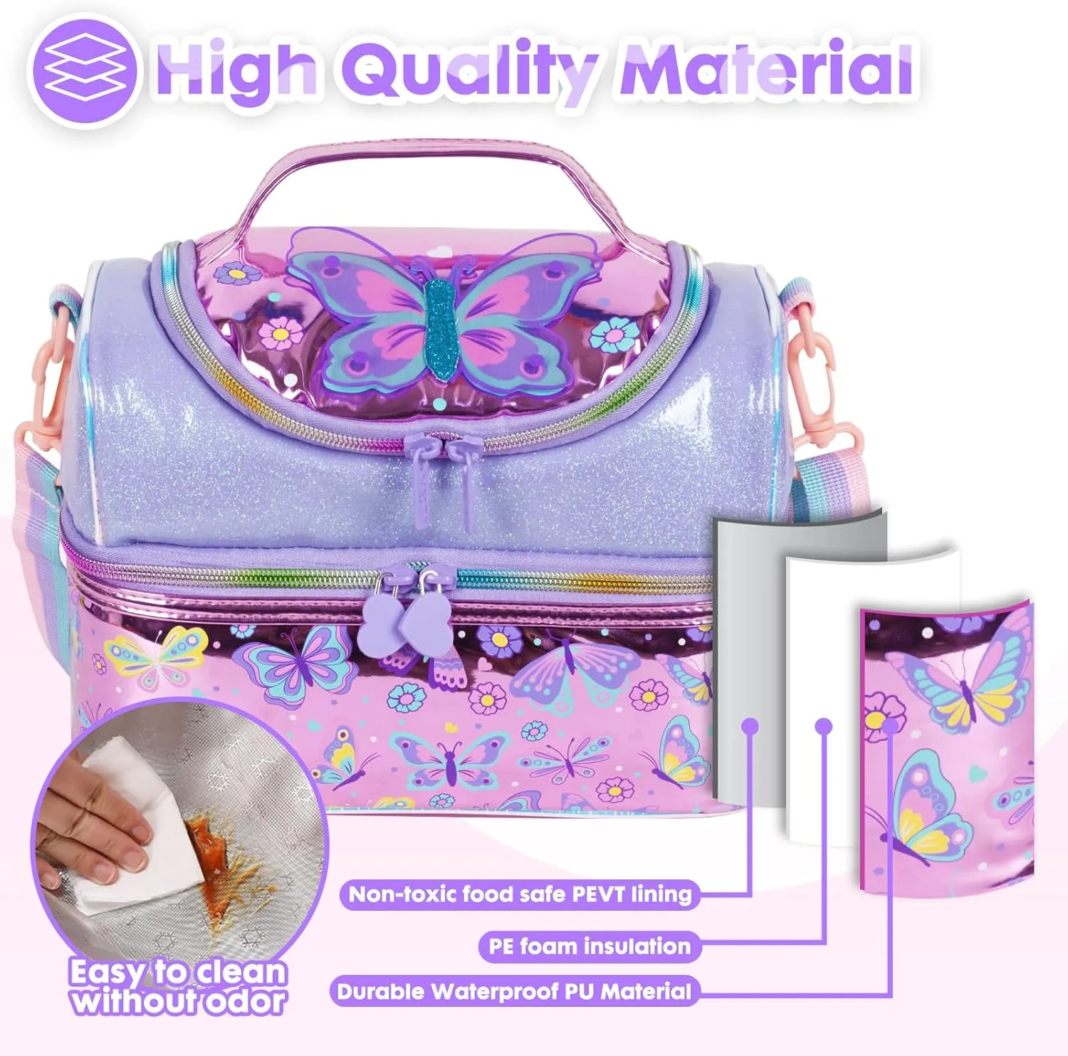 Kids Double Decker Cooler Insulated Lunch Bag, Back to School Large Meal Tote for Boys, Girls, Men, Women, with Adjustable Strap, Butterfly