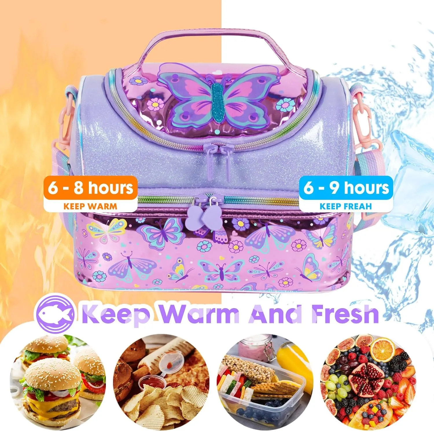 Kids Double Decker Cooler Insulated Lunch Bag, Back to School Large Meal Tote for Boys, Girls, Men, Women, with Adjustable Strap, Butterfly