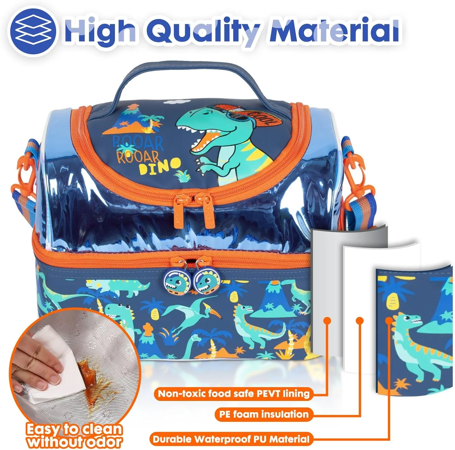 Kids Double Decker Cooler Insulated Lunch Bag, Back to School Large Meal Tote for Boys, Girls, Men, Women, with Adjustable Strap, Dinosaur