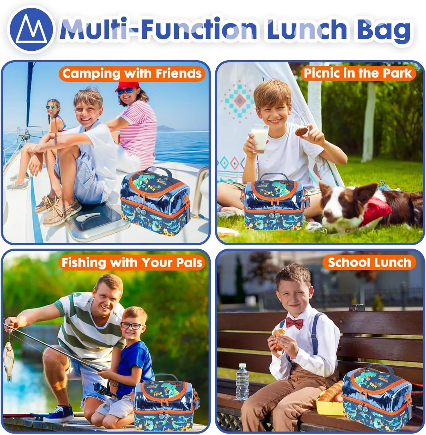 Kids Double Decker Cooler Insulated Lunch Bag, Back to School Large Meal Tote for Boys, Girls, Men, Women, with Adjustable Strap, Dinosaur