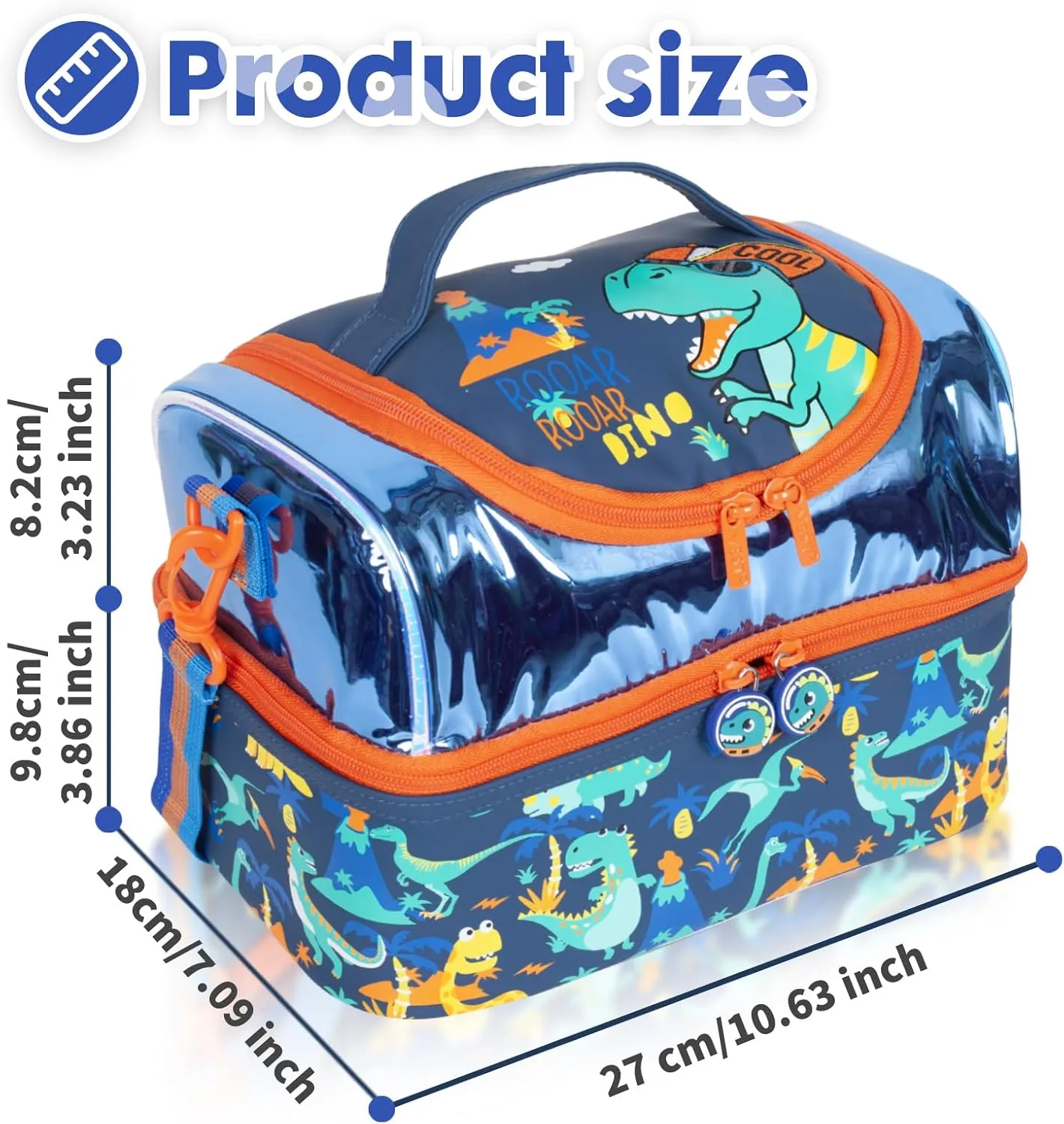 Kids Double Decker Cooler Insulated Lunch Bag, Back to School Large Meal Tote for Boys, Girls, Men, Women, with Adjustable Strap, Dinosaur
