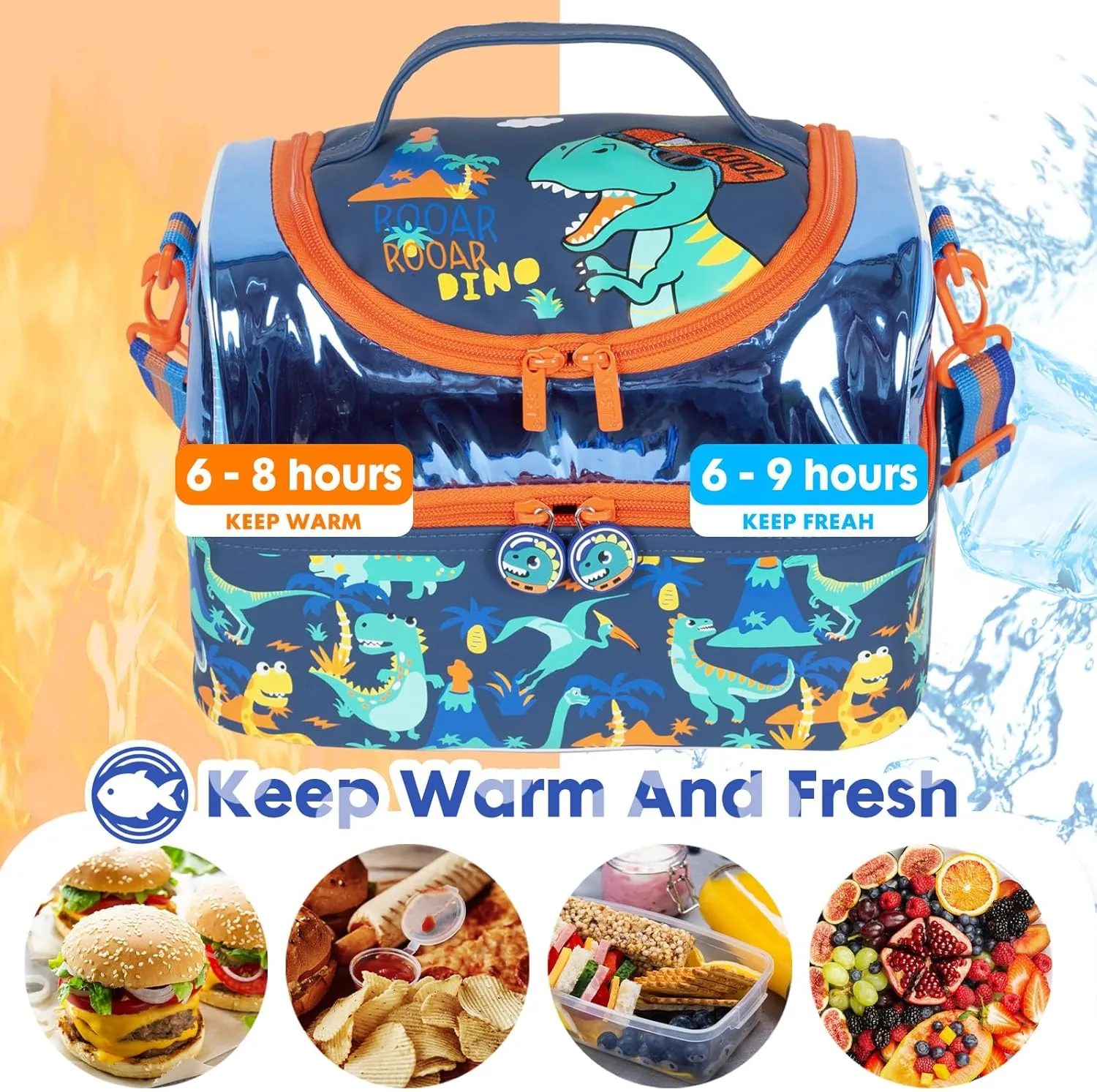 Kids Double Decker Cooler Insulated Lunch Bag, Back to School Large Meal Tote for Boys, Girls, Men, Women, with Adjustable Strap, Dinosaur