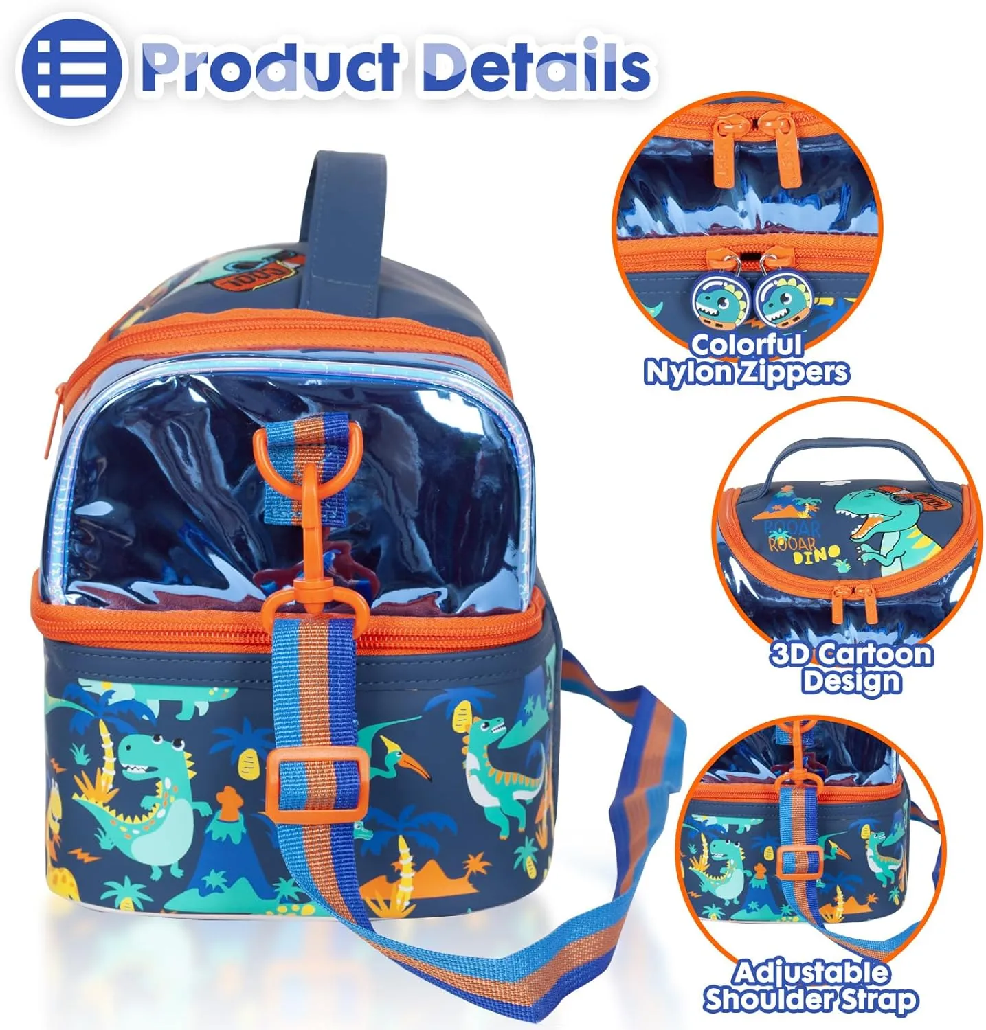 Kids Double Decker Cooler Insulated Lunch Bag, Back to School Large Meal Tote for Boys, Girls, Men, Women, with Adjustable Strap, Dinosaur