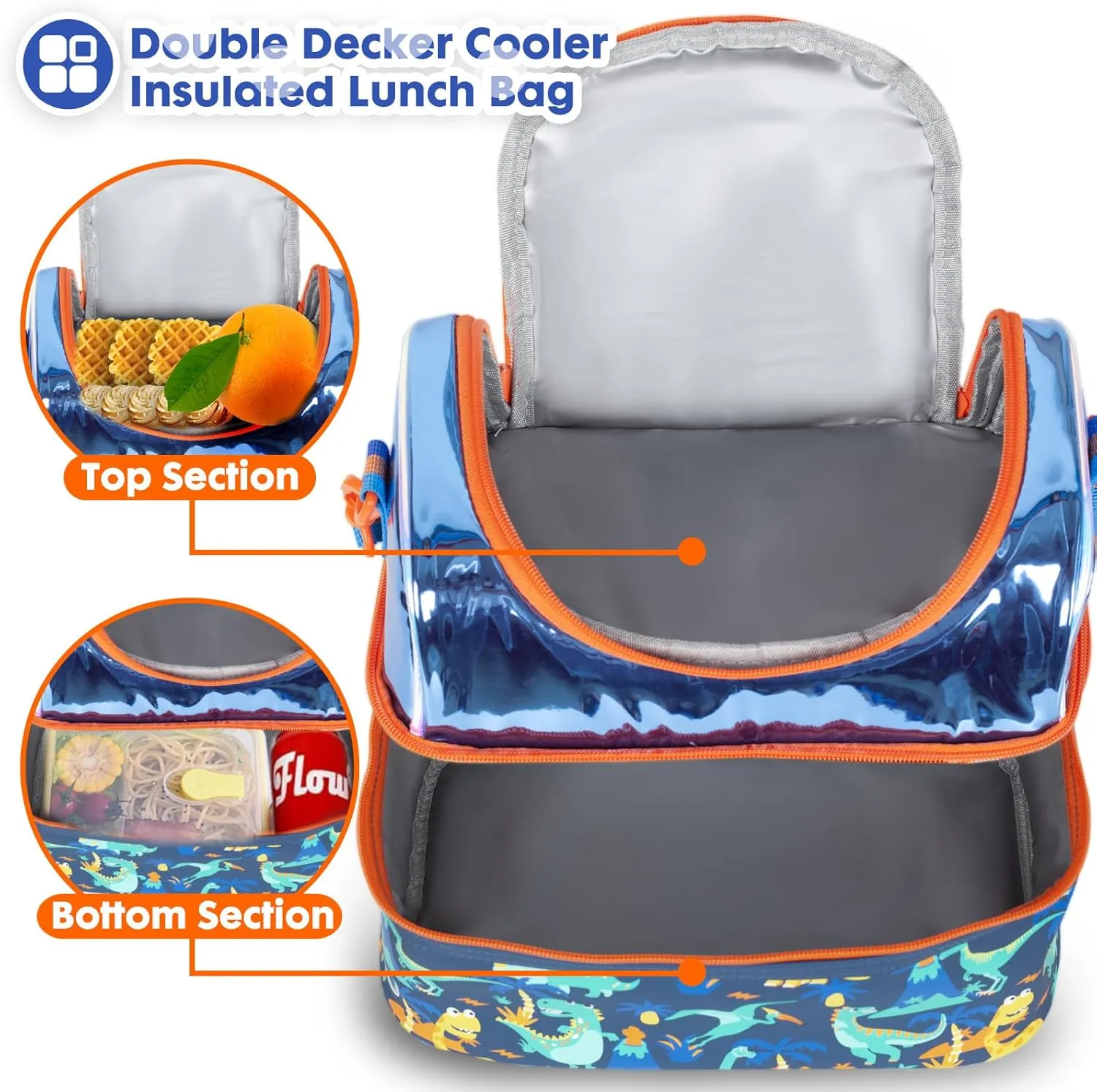 Kids Double Decker Cooler Insulated Lunch Bag, Back to School Large Meal Tote for Boys, Girls, Men, Women, with Adjustable Strap, Dinosaur