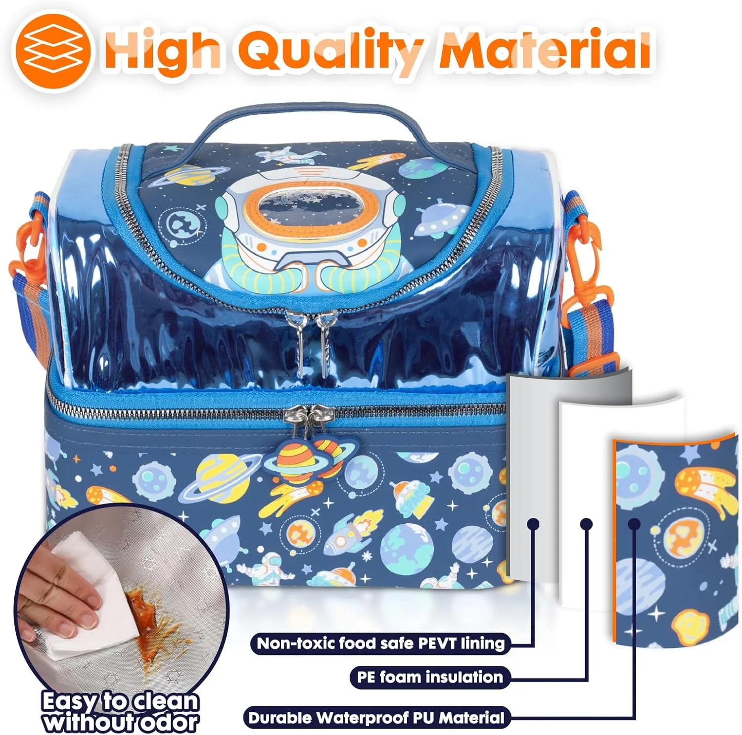 Kids Double Decker Cooler Insulated Lunch Bag, Back to School Large Meal Tote for Boys, Girls, Men, Women, with Adjustable Strap, Space