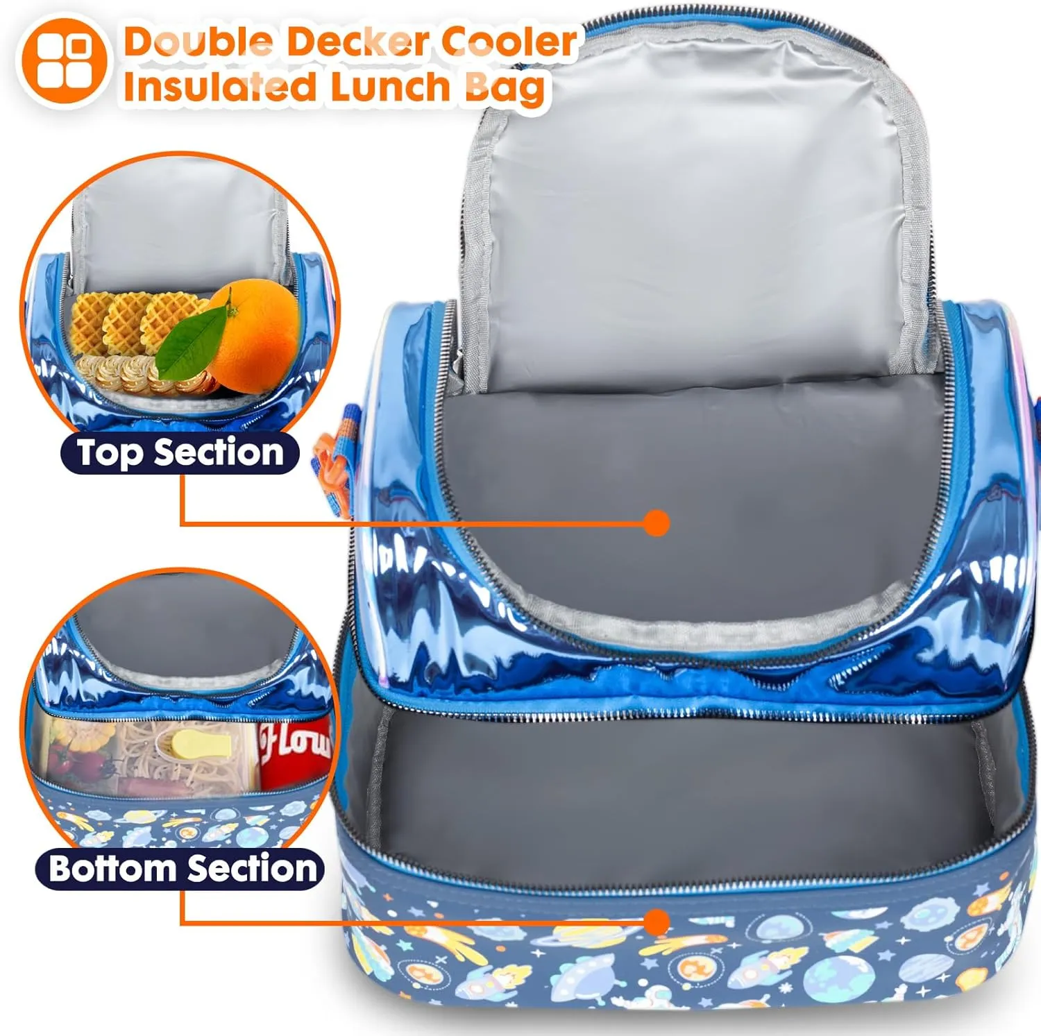 Kids Double Decker Cooler Insulated Lunch Bag, Back to School Large Meal Tote for Boys, Girls, Men, Women, with Adjustable Strap, Space