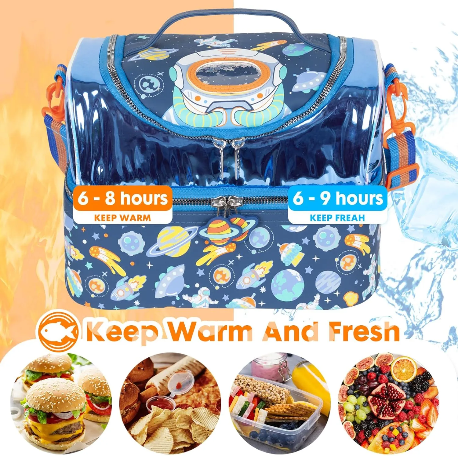 Kids Double Decker Cooler Insulated Lunch Bag, Back to School Large Meal Tote for Boys, Girls, Men, Women, with Adjustable Strap, Space